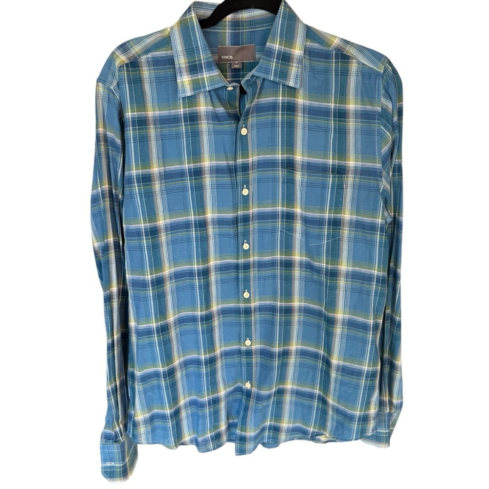 VINCE Mens Blue/Green/White Plaid Long Sleeve Button Up Shirt 100% Cotton Sz M
